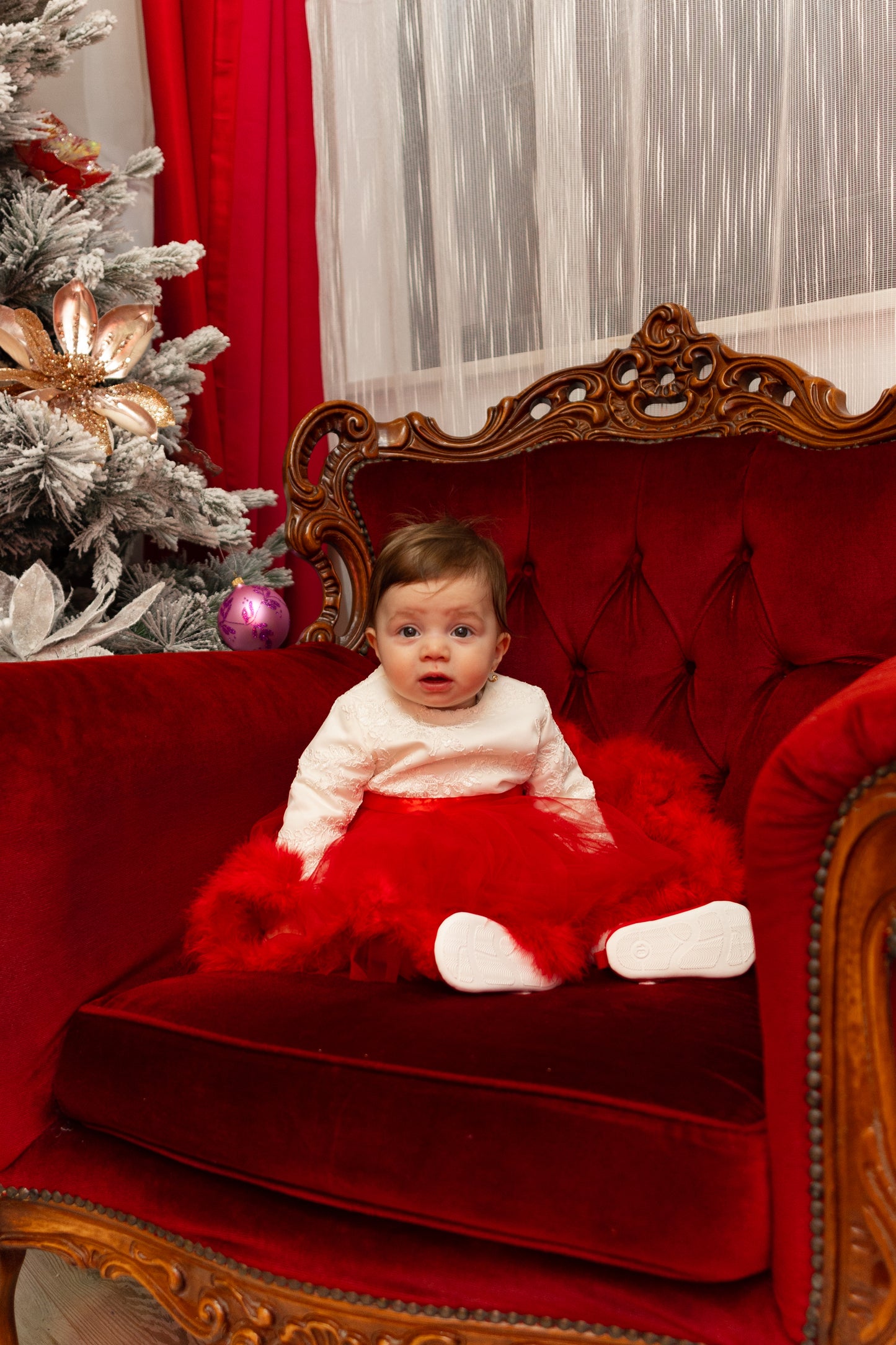 Rochie Eleganta Fetite, Alba, cu Puf Rosu, T-007 - 4Kids Romania