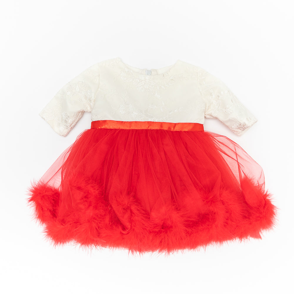 Rochie Eleganta Fetite, Alba, cu Puf Rosu, T-007 - 4Kids Romania