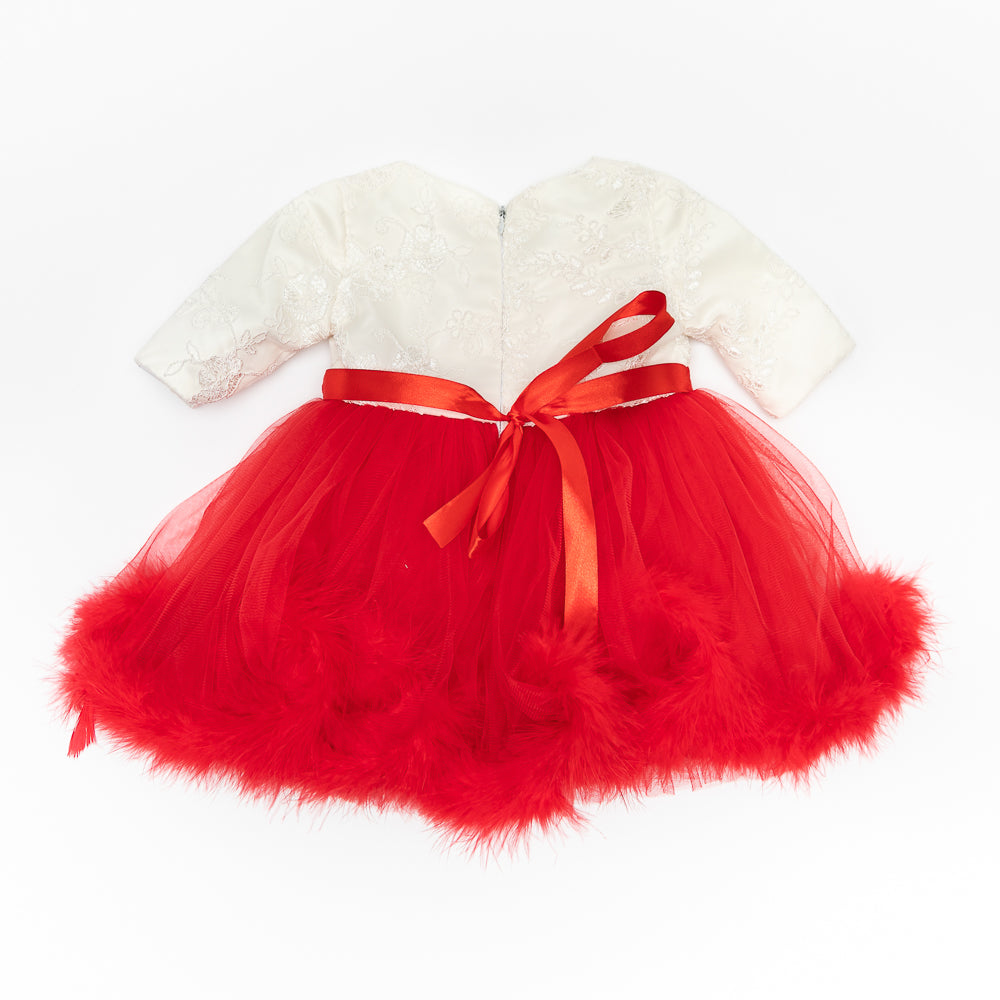 Rochie Eleganta Fetite, Alba, cu Puf Rosu, T-007 - 4Kids Romania